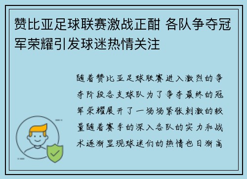 赞比亚足球联赛激战正酣 各队争夺冠军荣耀引发球迷热情关注