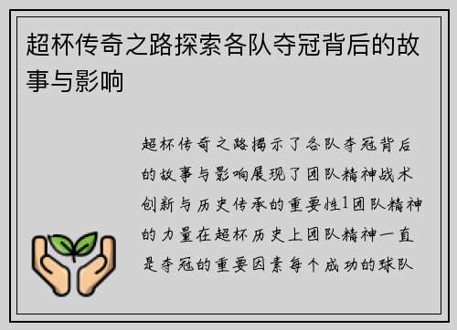 超杯传奇之路探索各队夺冠背后的故事与影响