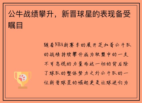 公牛战绩攀升，新晋球星的表现备受瞩目