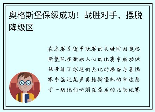 奥格斯堡保级成功！战胜对手，摆脱降级区