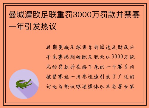 曼城遭欧足联重罚3000万罚款并禁赛一年引发热议