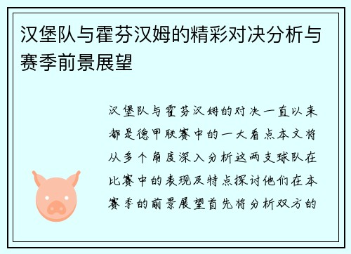汉堡队与霍芬汉姆的精彩对决分析与赛季前景展望