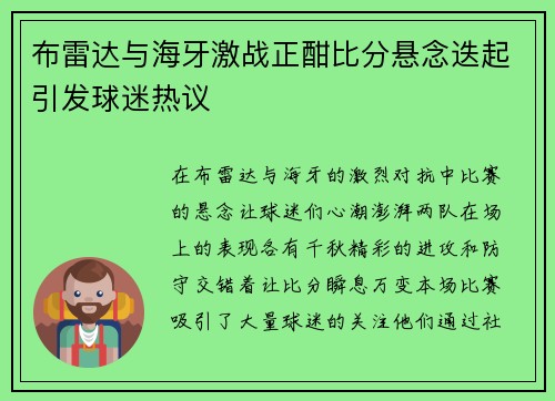 布雷达与海牙激战正酣比分悬念迭起引发球迷热议