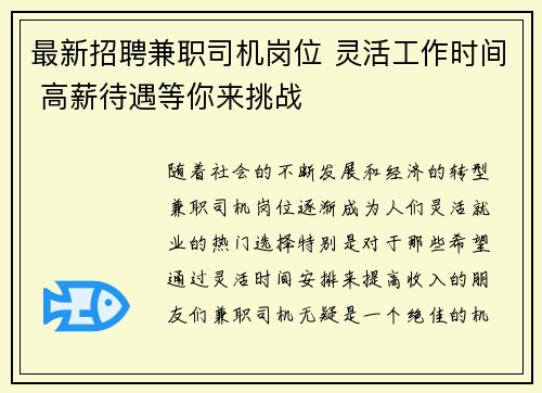 最新招聘兼职司机岗位 灵活工作时间 高薪待遇等你来挑战