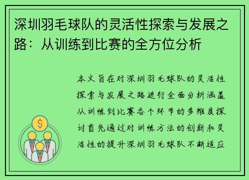 深圳羽毛球队的灵活性探索与发展之路：从训练到比赛的全方位分析
